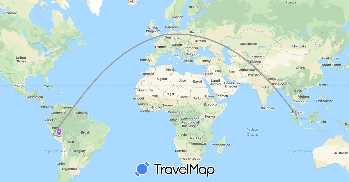 TravelMap itinerary: plane, train in Malaysia, Netherlands, Peru (Asia, Europe, South America)